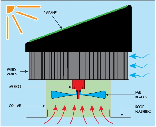 Illustration showing how the Swirl Ventilator works in Canberra homes by using solar and wind power to remove hot and moist air from the roof cavity.